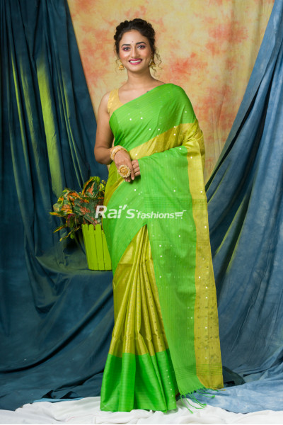 Handloom Tissue Muslin Silk Saree With Sequin Work And Contrast Color Border (KR242)